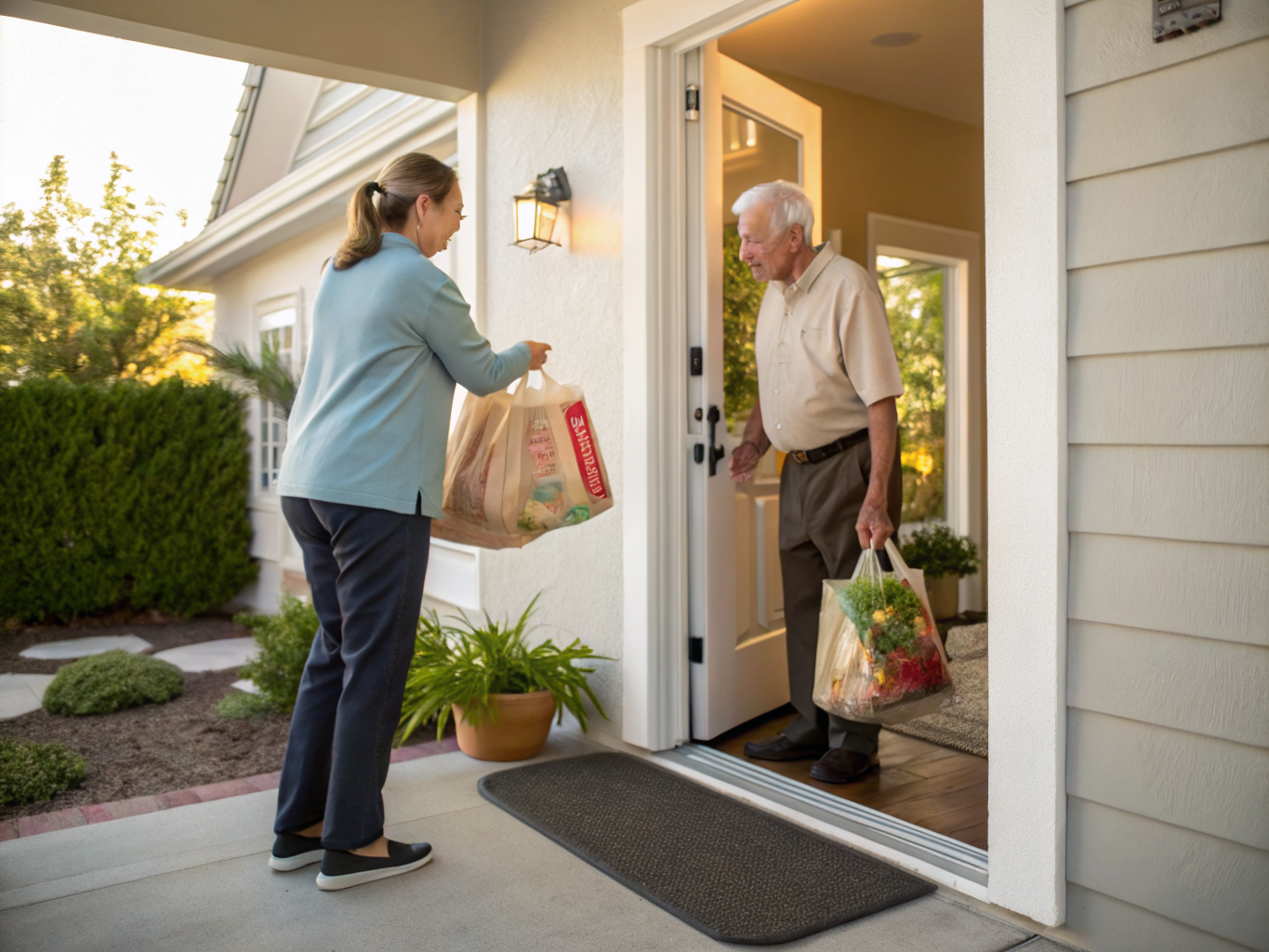 Live-out home care in Union County NJ — caregiver delivering groceries to senior at front door near Westfield
