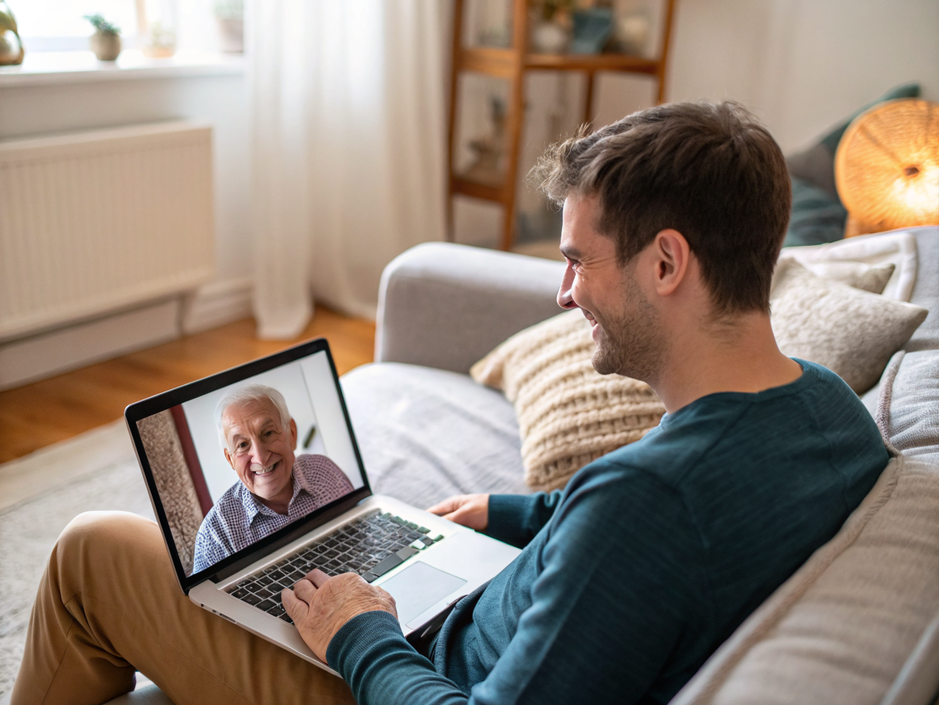 Adult son video calling elderly father with home care aide present in New Jersey