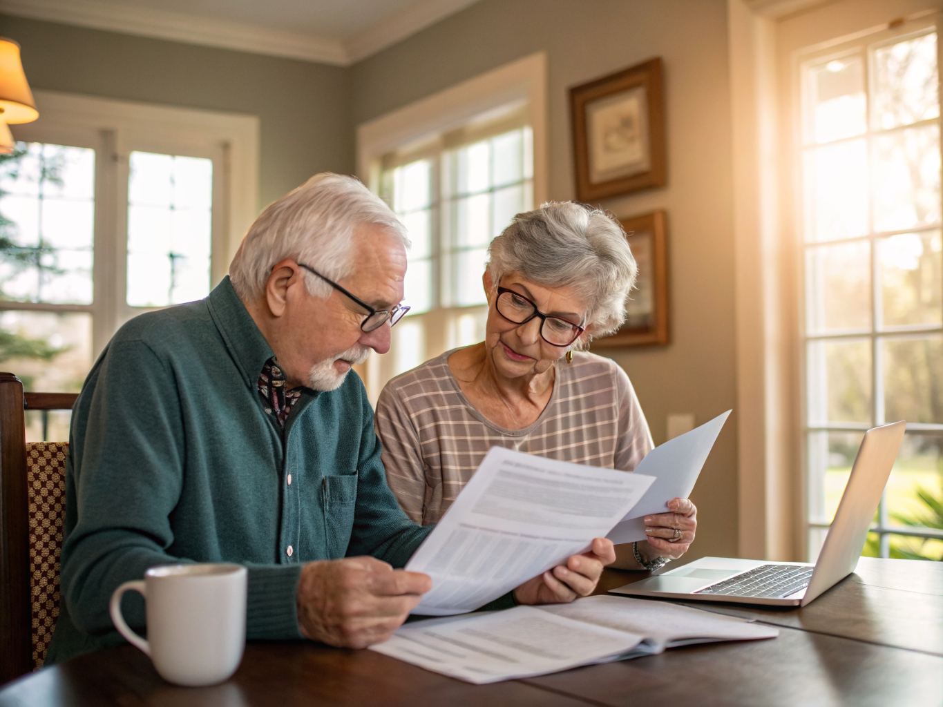 Senior couple reviewing long-term care insurance policy in New Jersey home