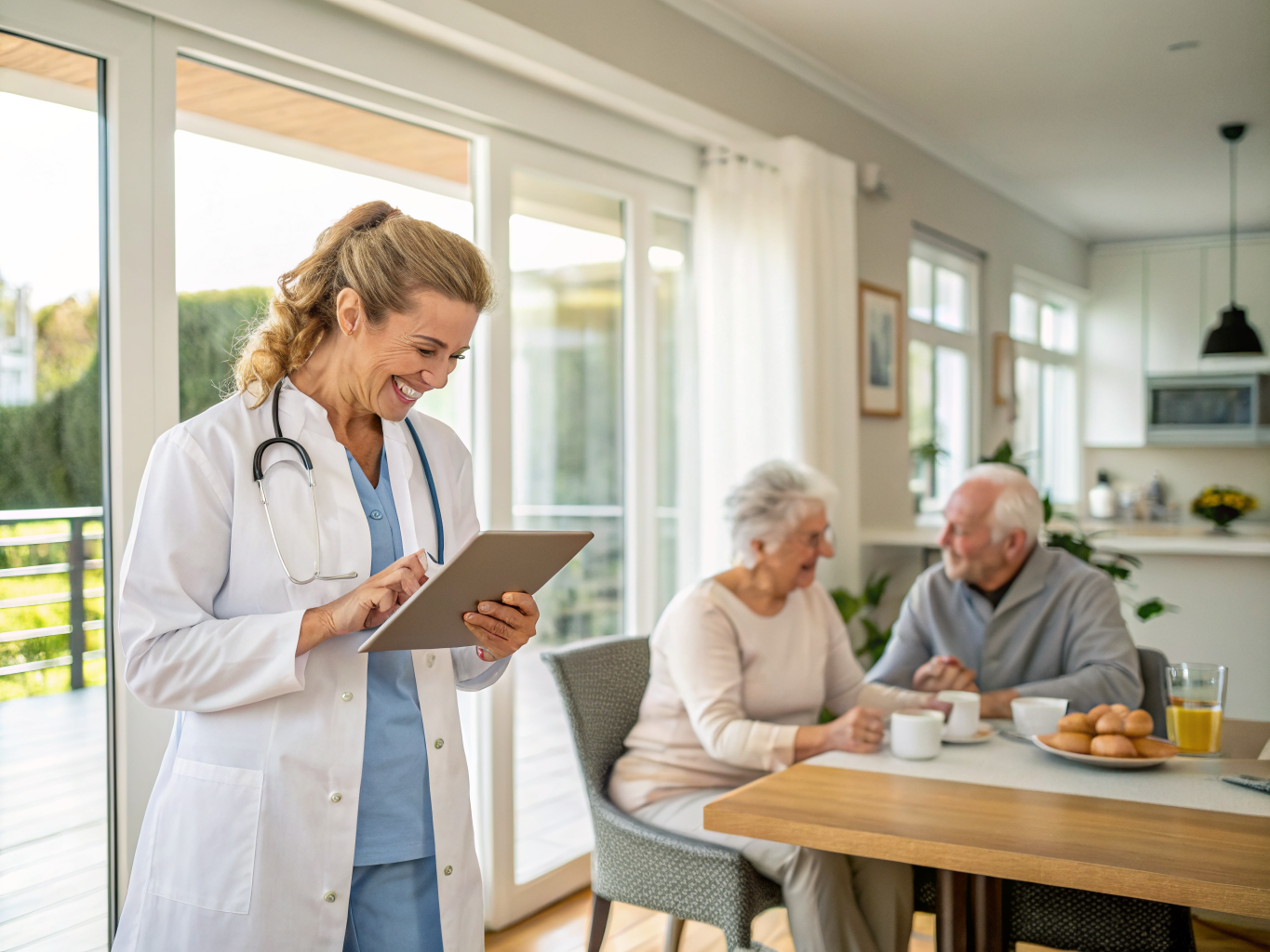 Home health aide assisting senior resident at Encore at Monroe 55+ community in Monroe Township NJ