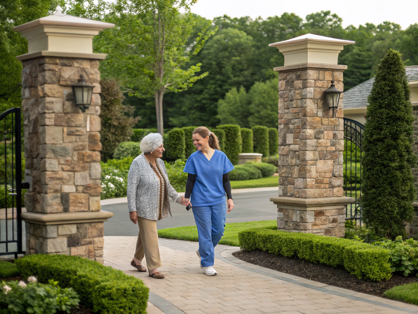 Home health aide assisting senior resident at Greenbriar Stonebridge 55+ community in Monroe Township NJ