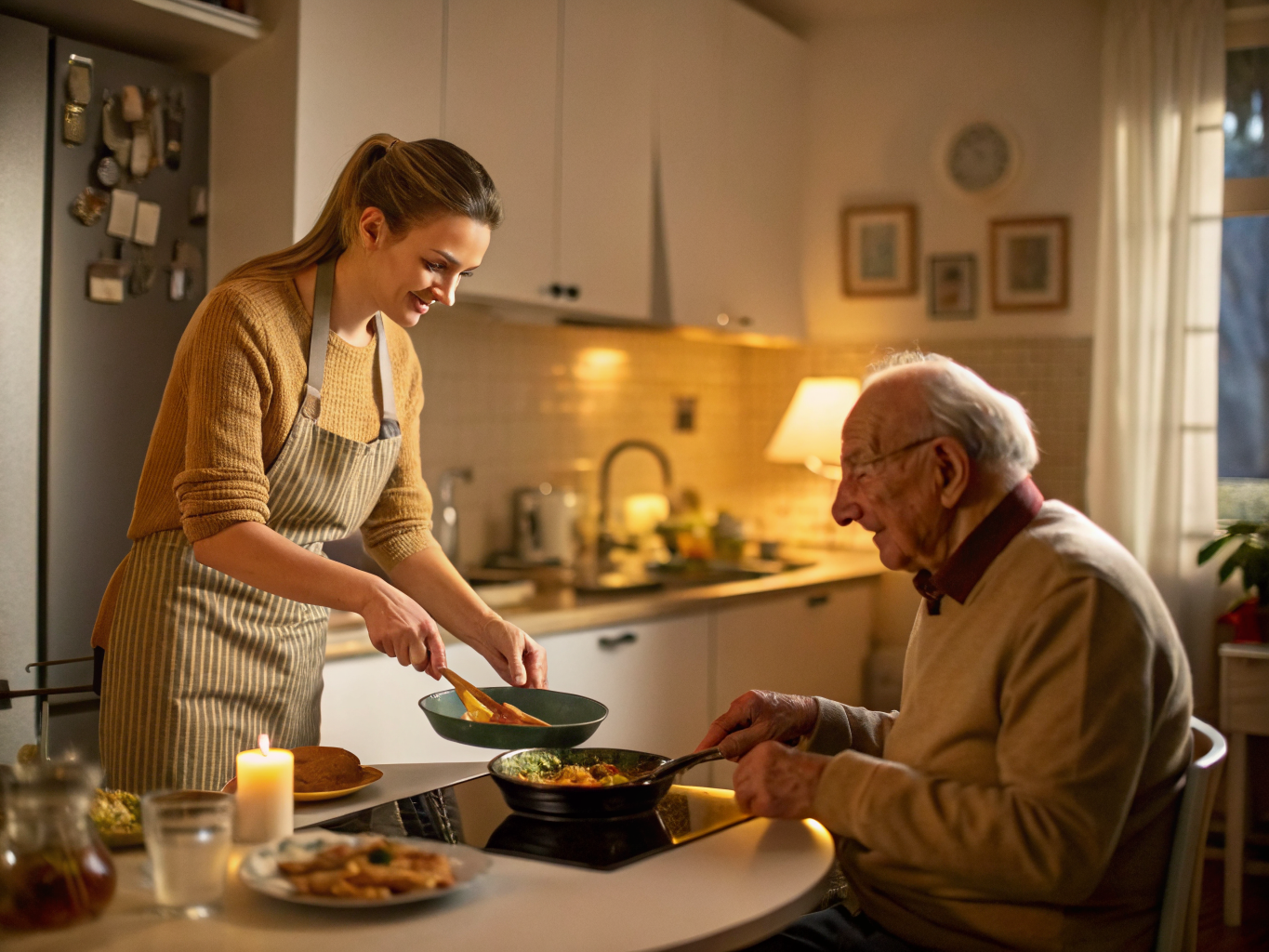 Live-in caregiver cooking dinner while senior sets table near Morristown NJ — evening routine