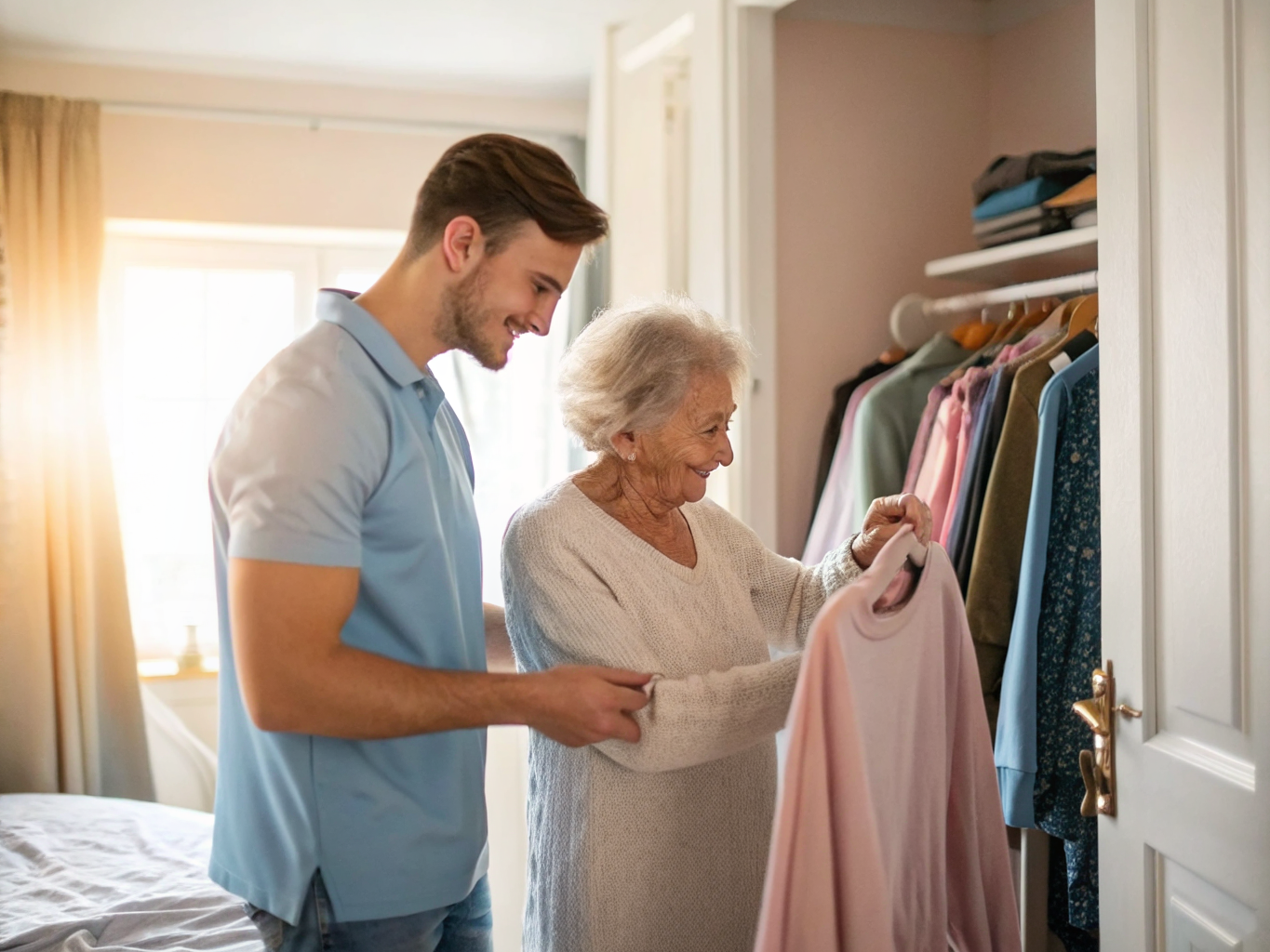 Live-in caregiver helping senior choose outfit from closet near Morristown NJ — morning dressing
