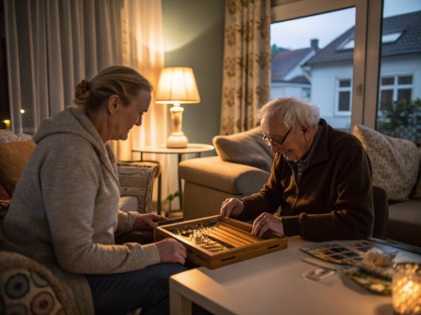 Live-in caregiver playing backgammon with senior in evening near Morristown NJ — companionship