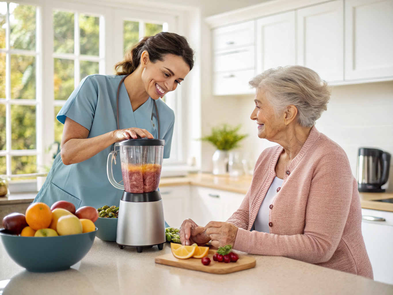 Live-in caregiver making morning smoothie for senior near Morristown NJ — healthy breakfast