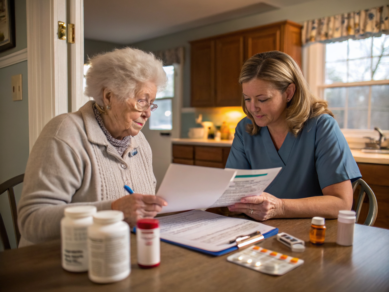 Alzheimer's post-hospital care near Morristown Medical Center NJ — caregiver reviewing discharge papers with senior