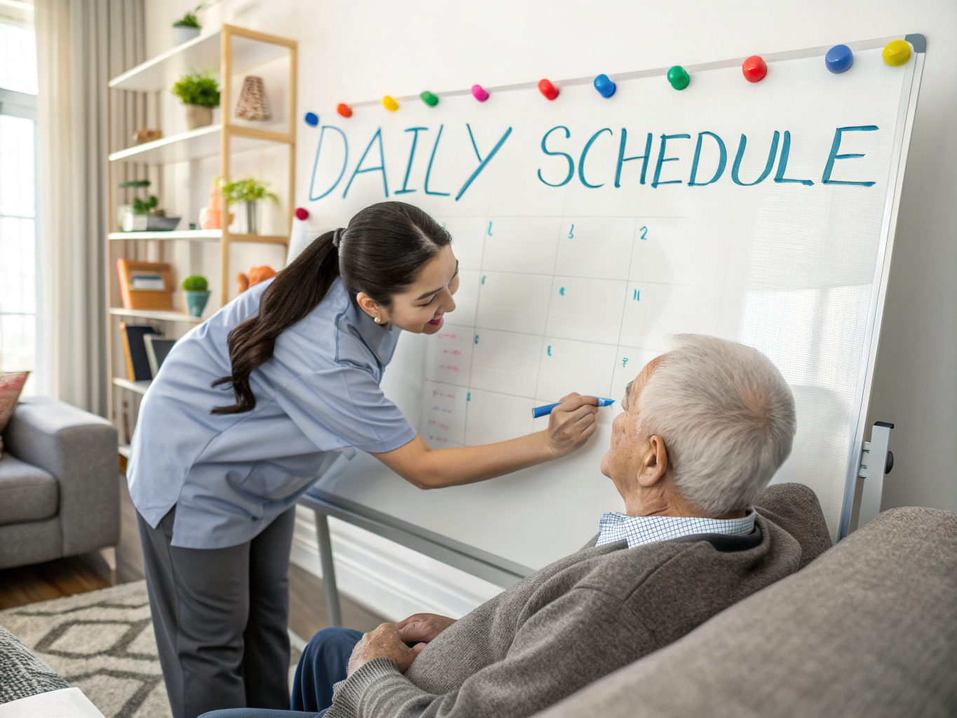 Alzheimer's daily routine support near Morristown NJ — caregiver using visual schedule whiteboard for senior