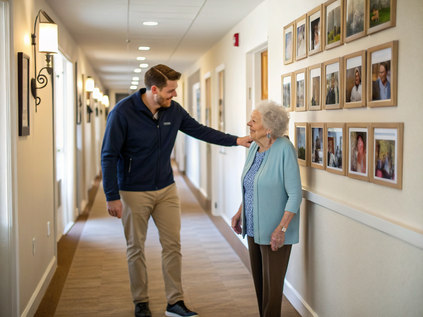Alzheimer's reminiscence therapy near Morristown Medical Center NJ — caregiver guiding senior through family photo wall