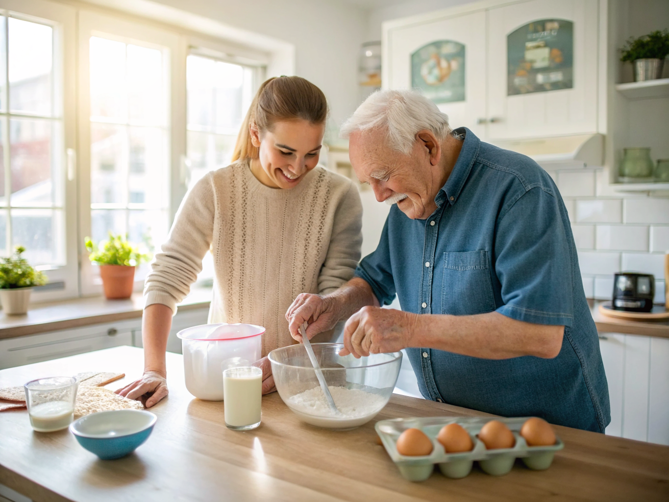 Alzheimer's therapeutic cooking near Morristown NJ — caregiver and senior baking together at kitchen counter