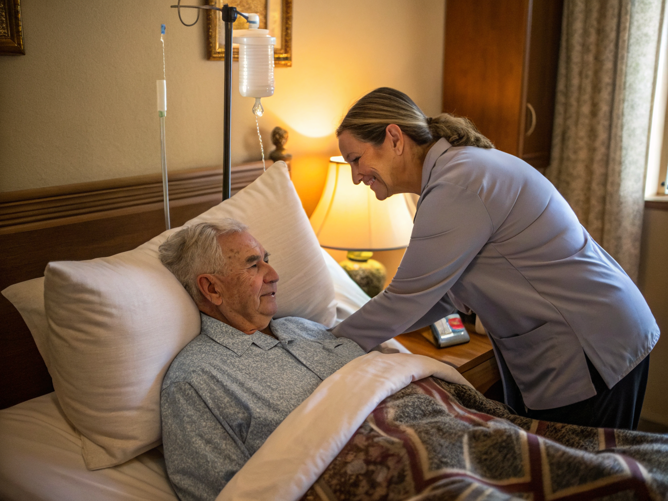 24-hour caregiver adjusting pillows for senior after Morristown Medical Center discharge NJ — post-hospital comfort