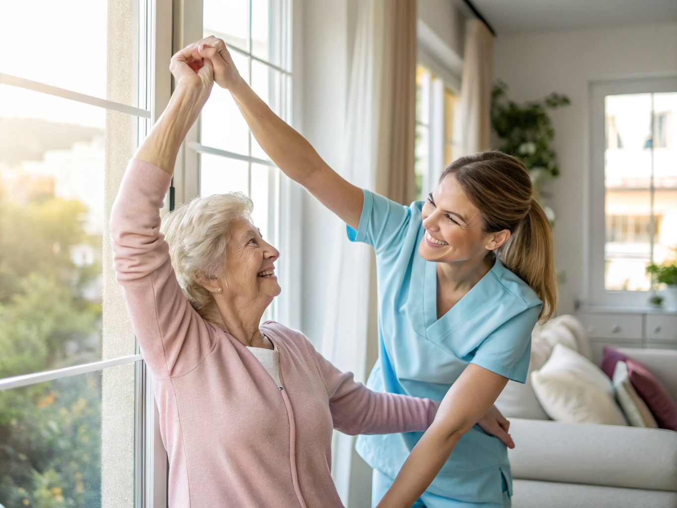 24-hour caregiver doing morning stretches with senior near Morristown NJ — rehabilitation support