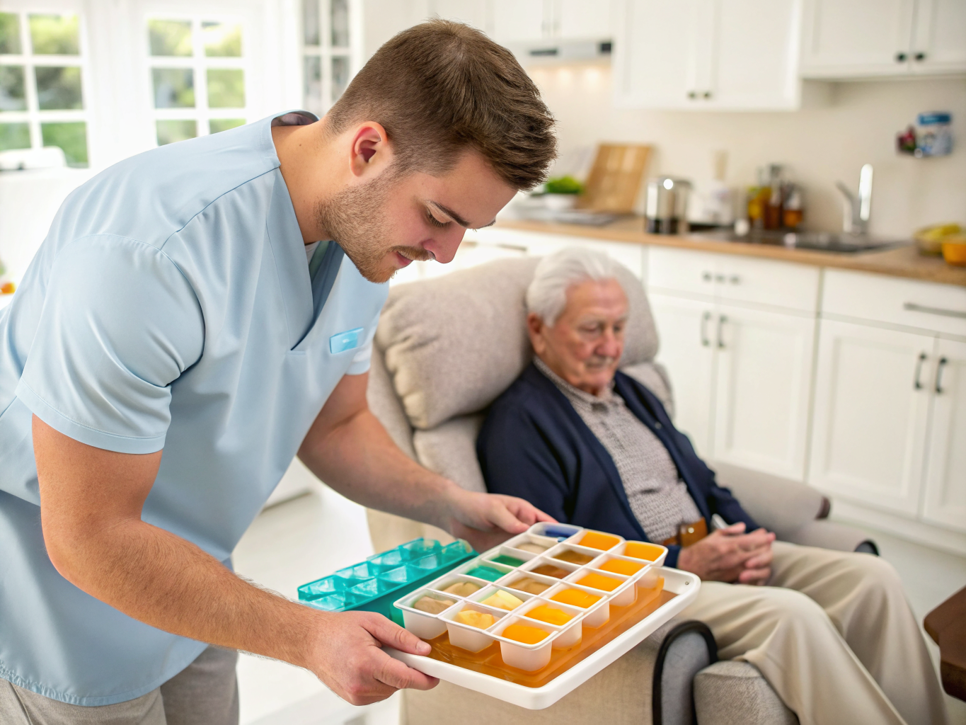 24-hour caregiver preparing lunch tray with medications for senior near Morristown NJ — nutrition and medication management