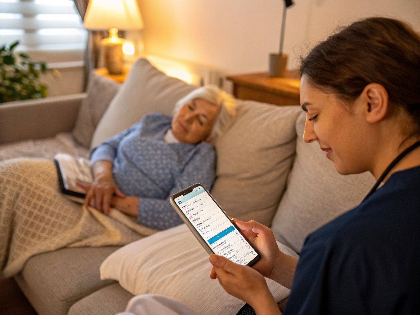 24-hour caregiver logging care notes on smartphone while senior rests near Morristown NJ — digital documentation