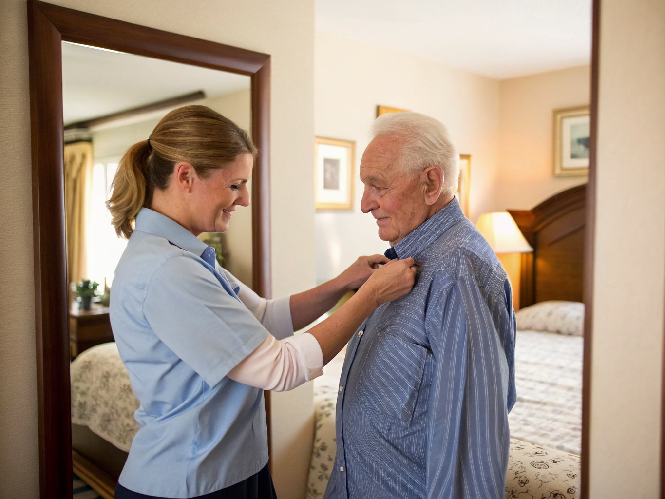 24-hour caregiver helping senior practice buttoning shirt near Morristown NJ — occupational therapy reinforcement