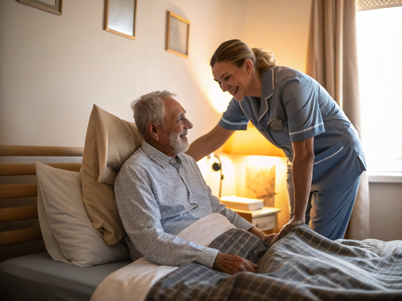 Post-hospital recovery near Morristown NJ — caregiver helping senior sit up after surgery for first time at home