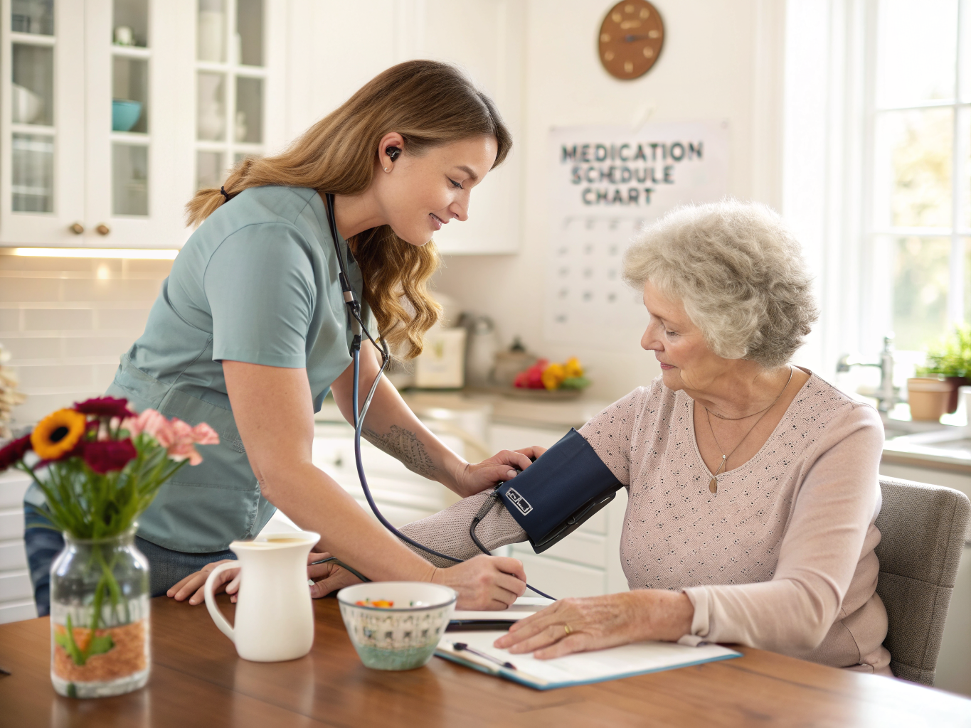 Post-hospital monitoring near Morristown NJ — caregiver checking blood pressure with medication schedule visible