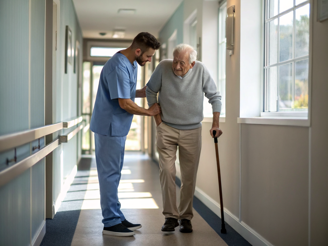 Post-hospital walking practice near Morristown NJ — caregiver guiding senior with cane after hip surgery