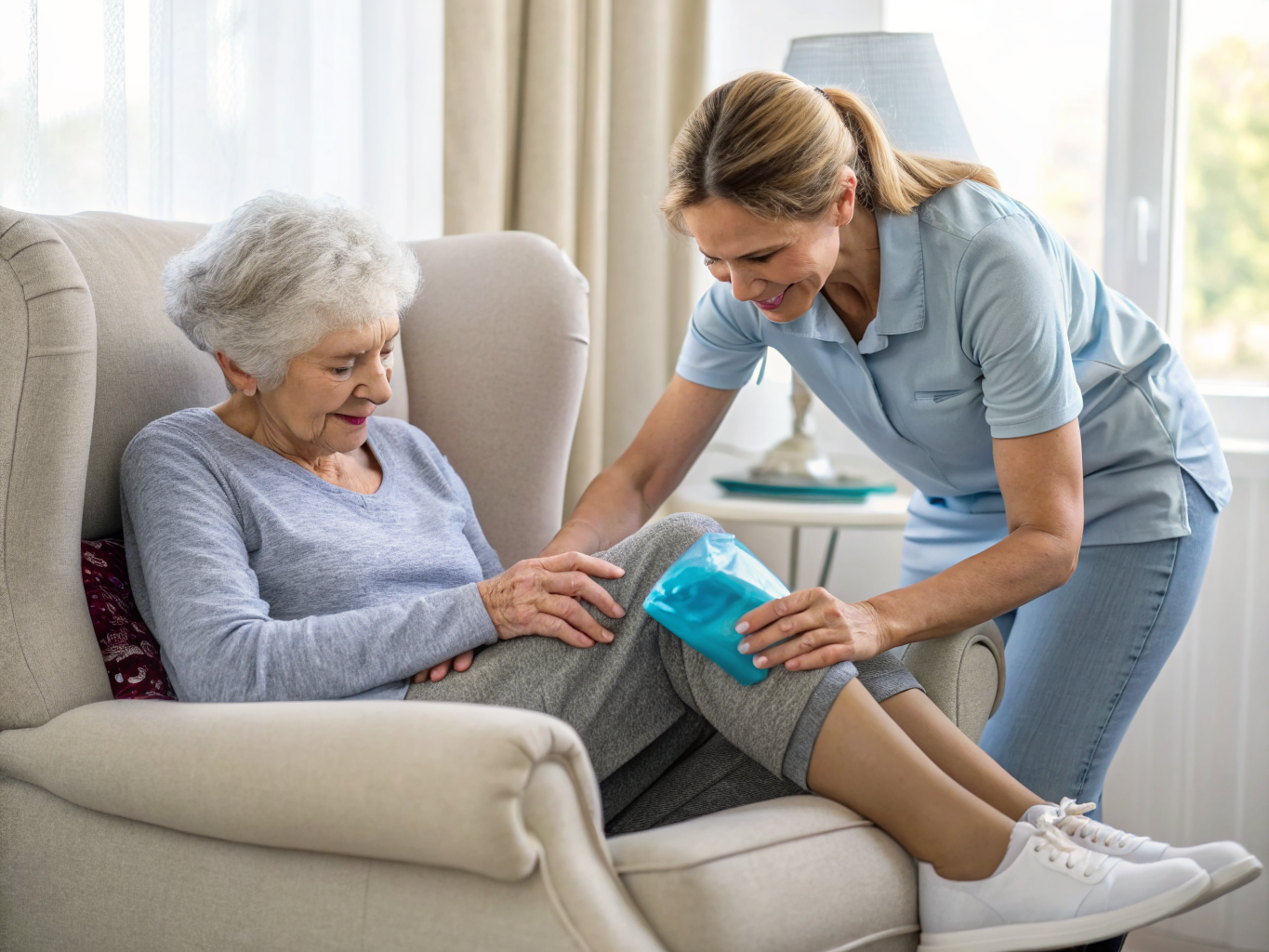 Post-hospital pain management near Morristown NJ — caregiver applying ice pack to senior's knee after surgery