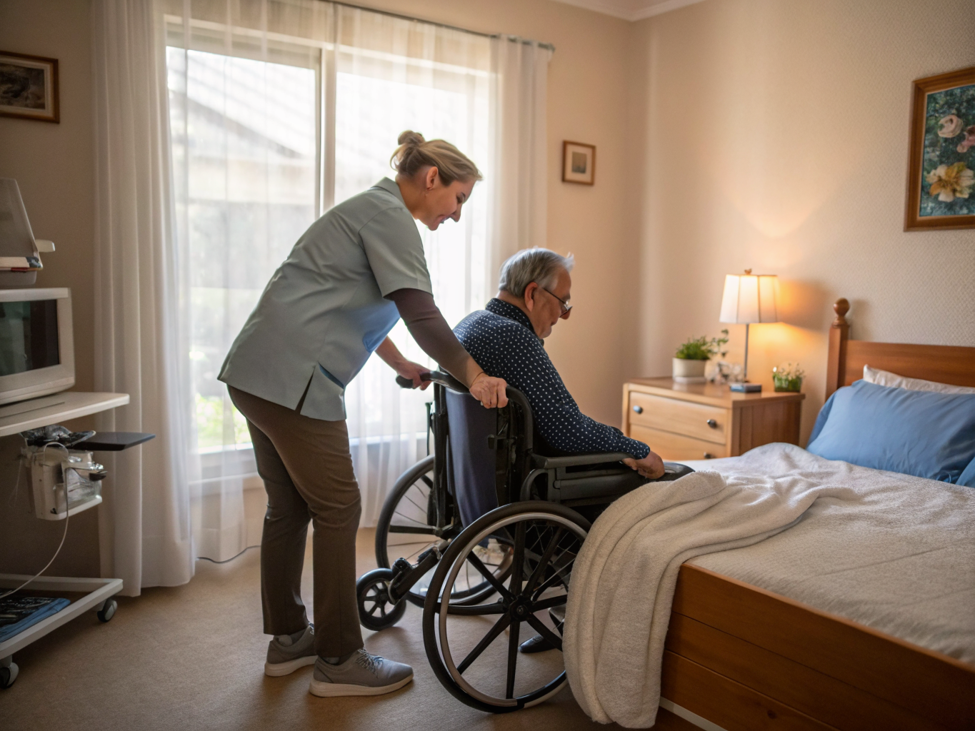 Post-rehab transfer practice near Morristown NJ — caregiver helping senior from wheelchair to bed safely