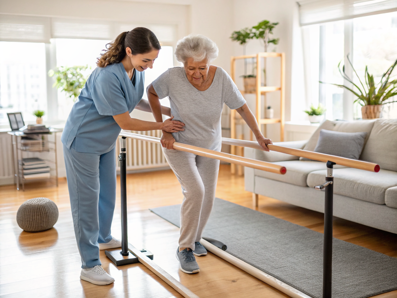 Post-rehab walking exercise near Morristown NJ — caregiver guiding senior through home parallel bar practice