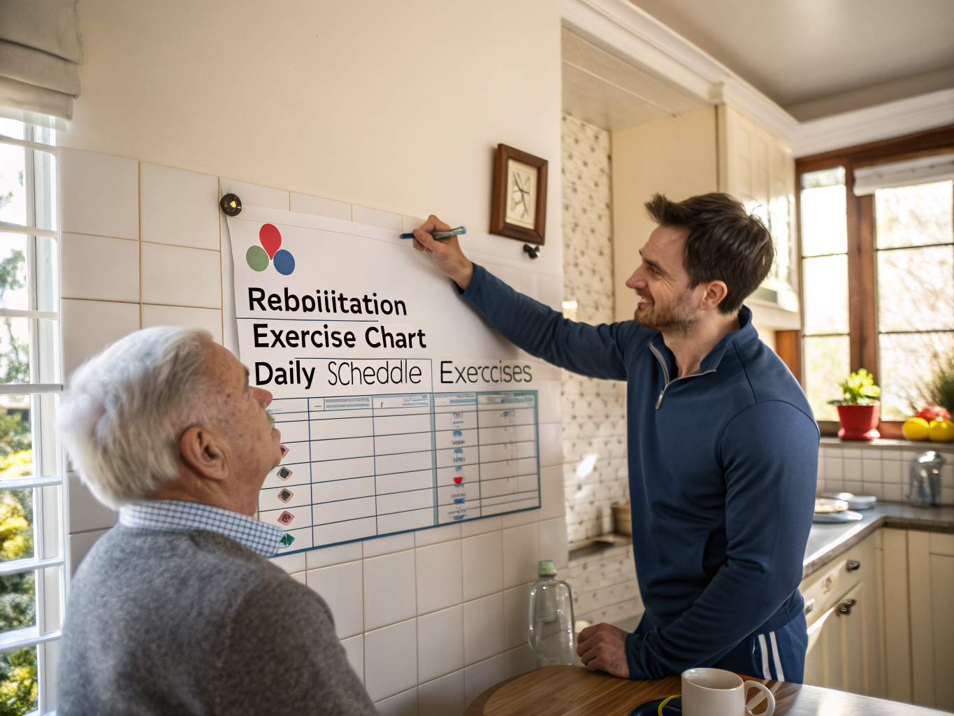 Post-rehab exercise tracking near Morristown NJ — caregiver reviewing daily exercise chart with senior