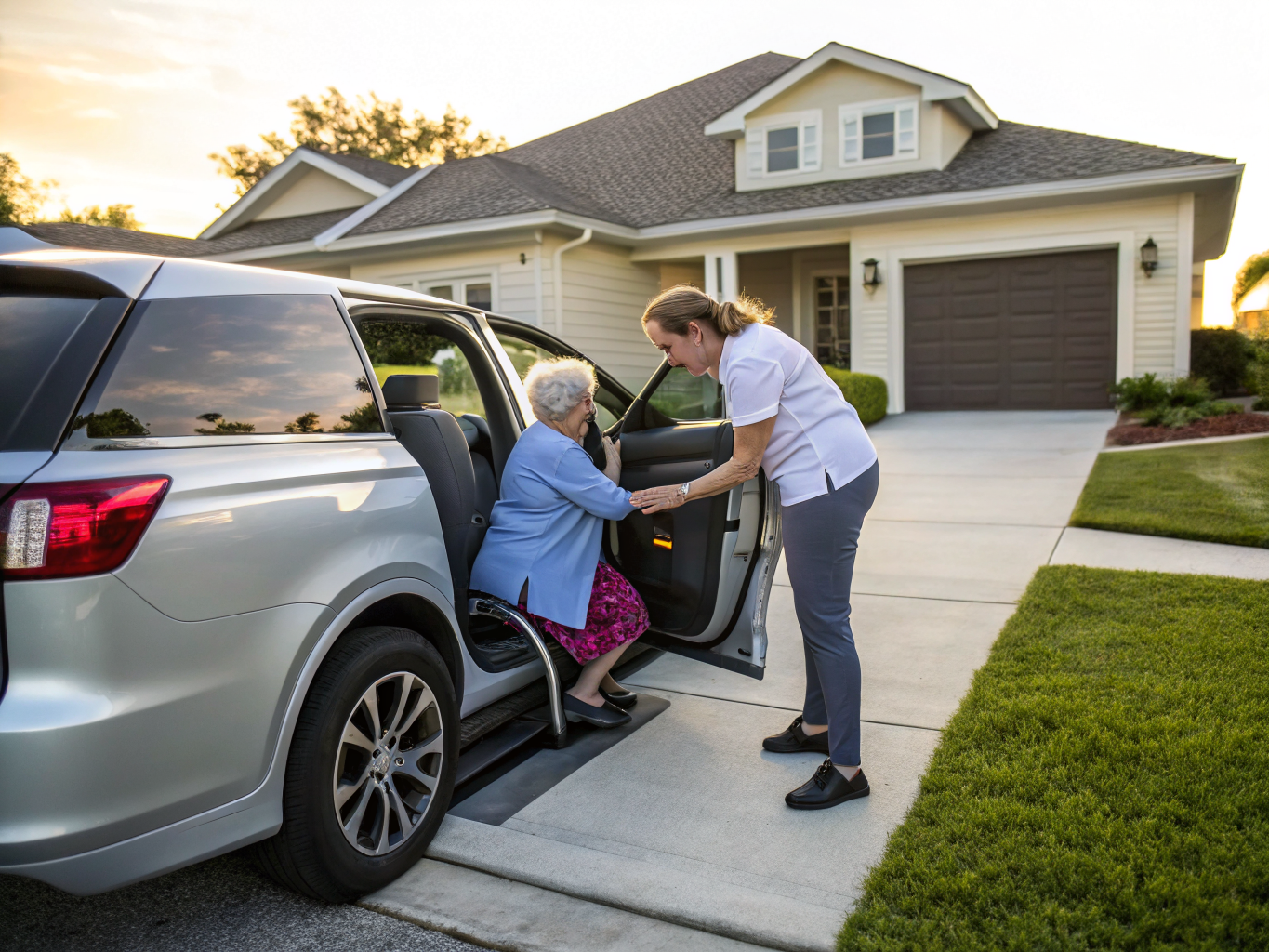 Post-rehab car transfer training near Morristown NJ — caregiver helping senior practice getting in car safely