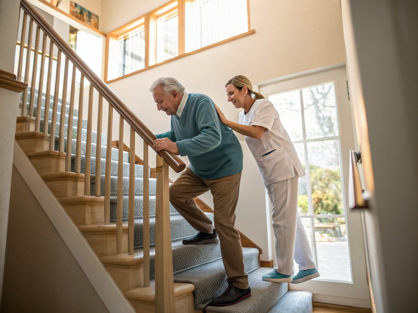 Post-rehab stair training near Morristown Medical Center NJ — caregiver assisting senior climbing stairs at home