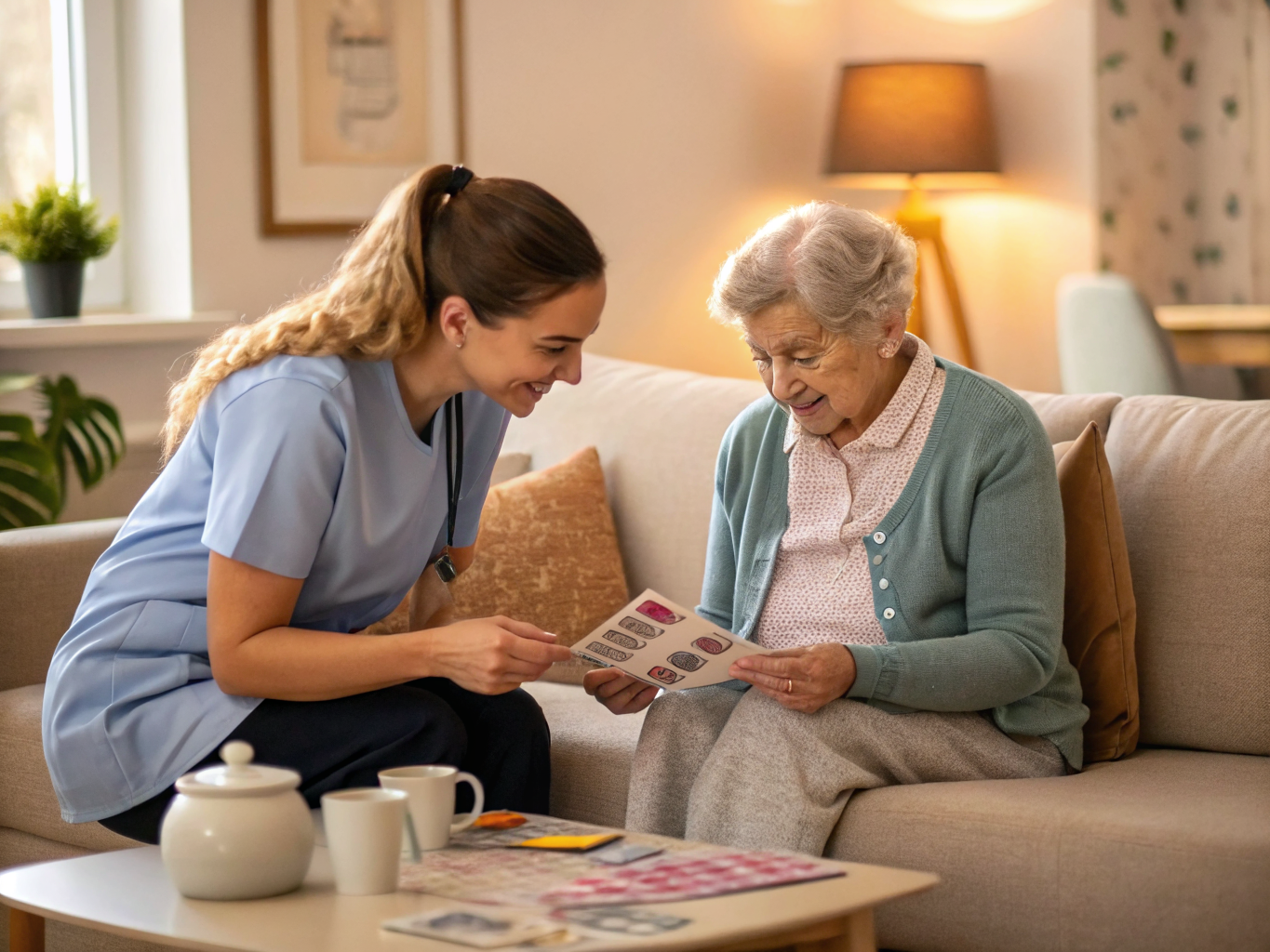 Post-stroke speech therapy near Morristown NJ — caregiver practicing aphasia rehabilitation with picture cards