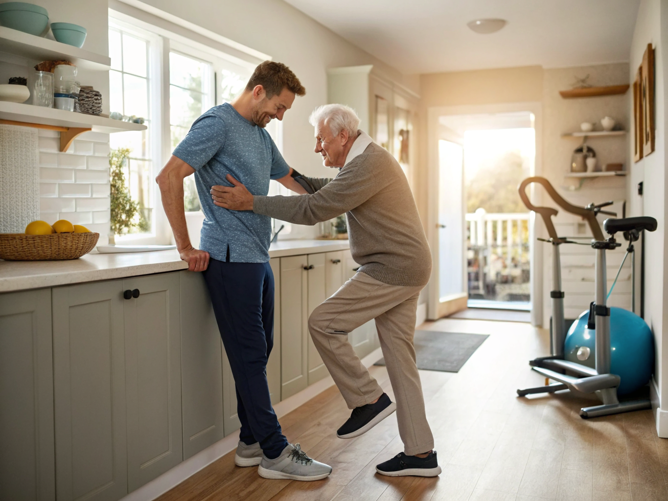 Post-stroke balance training near Morristown Medical Center NJ — caregiver supporting standing balance exercise