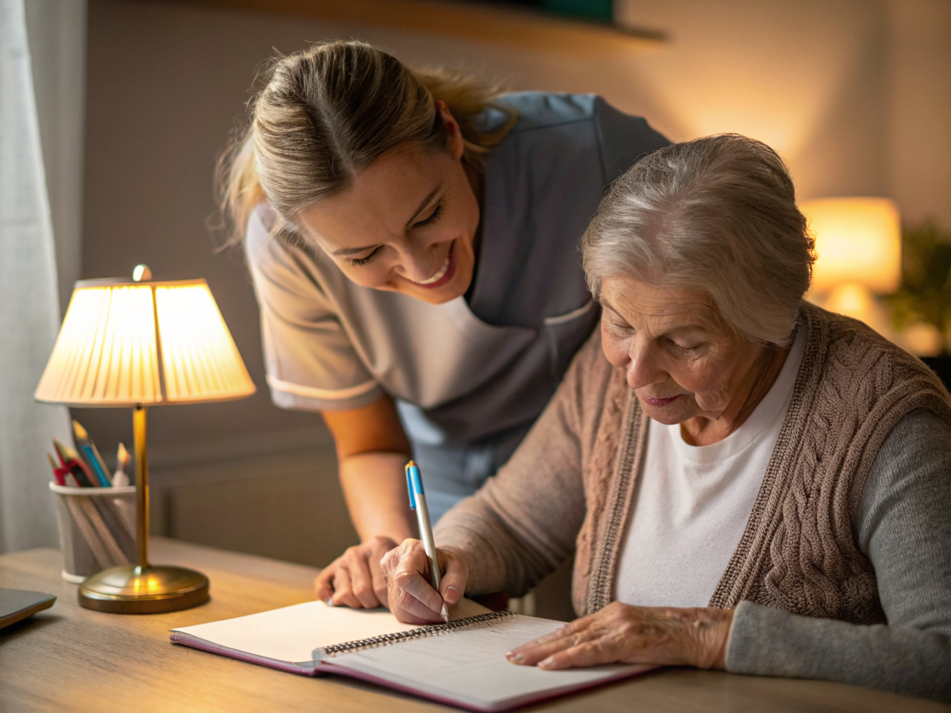Post-stroke writing recovery near Morristown NJ — caregiver helping senior practice writing name after stroke