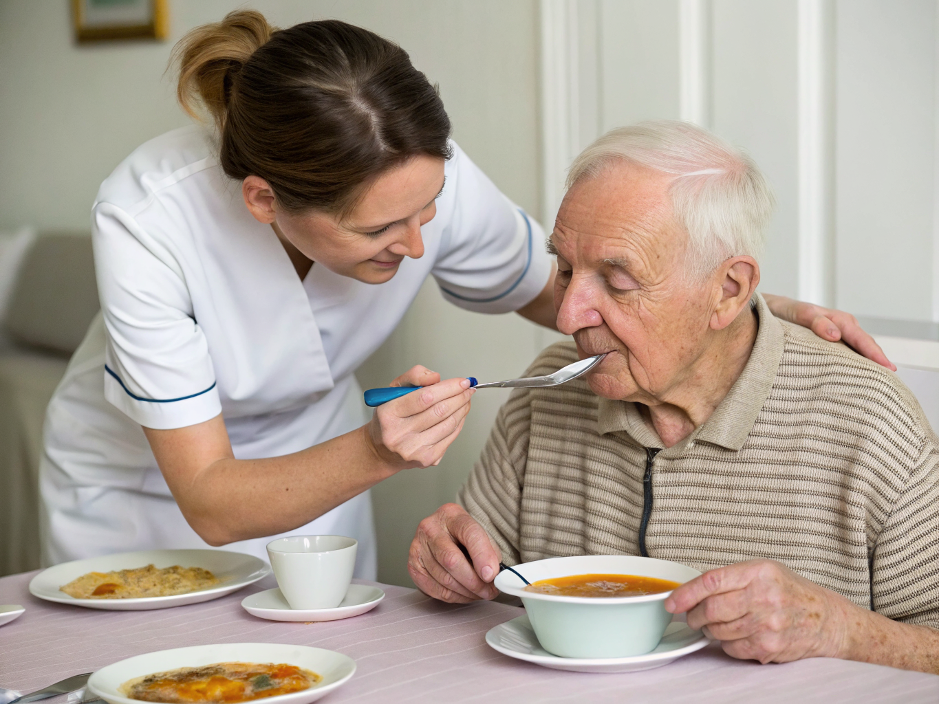 Post-stroke feeding support near Morristown Medical Center NJ — caregiver helping senior eat with adapted utensils