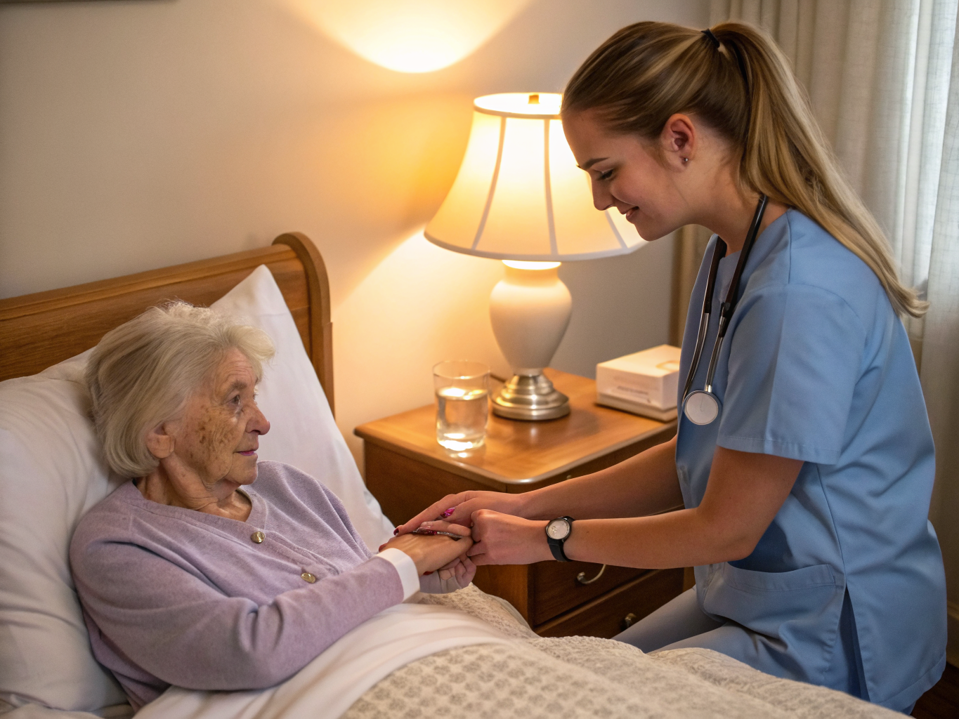 Live-in nurse aide checking pulse of senior in Essex County NJ — bedside vital signs monitoring near Livingston