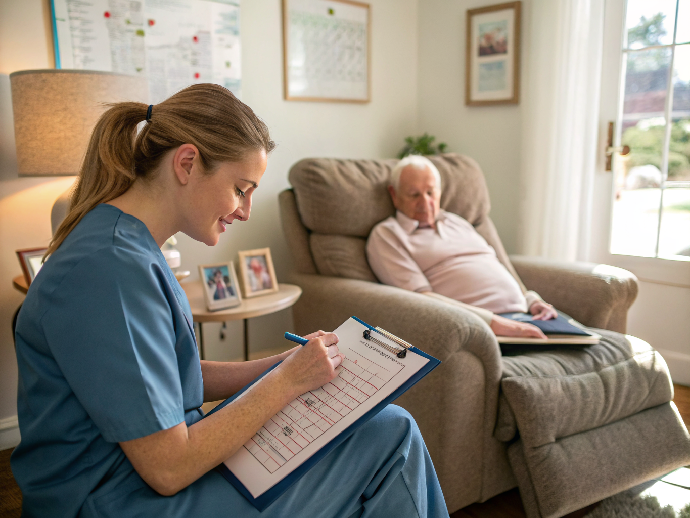 Live-in nurse aide documenting care notes in Middlesex County NJ — professional health monitoring near Edison