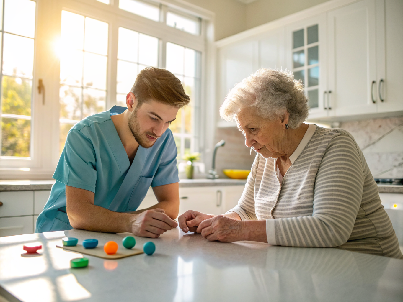 Live-in nurse aide guiding hand exercises with senior in Morris County NJ — rehabilitation support near Morristown