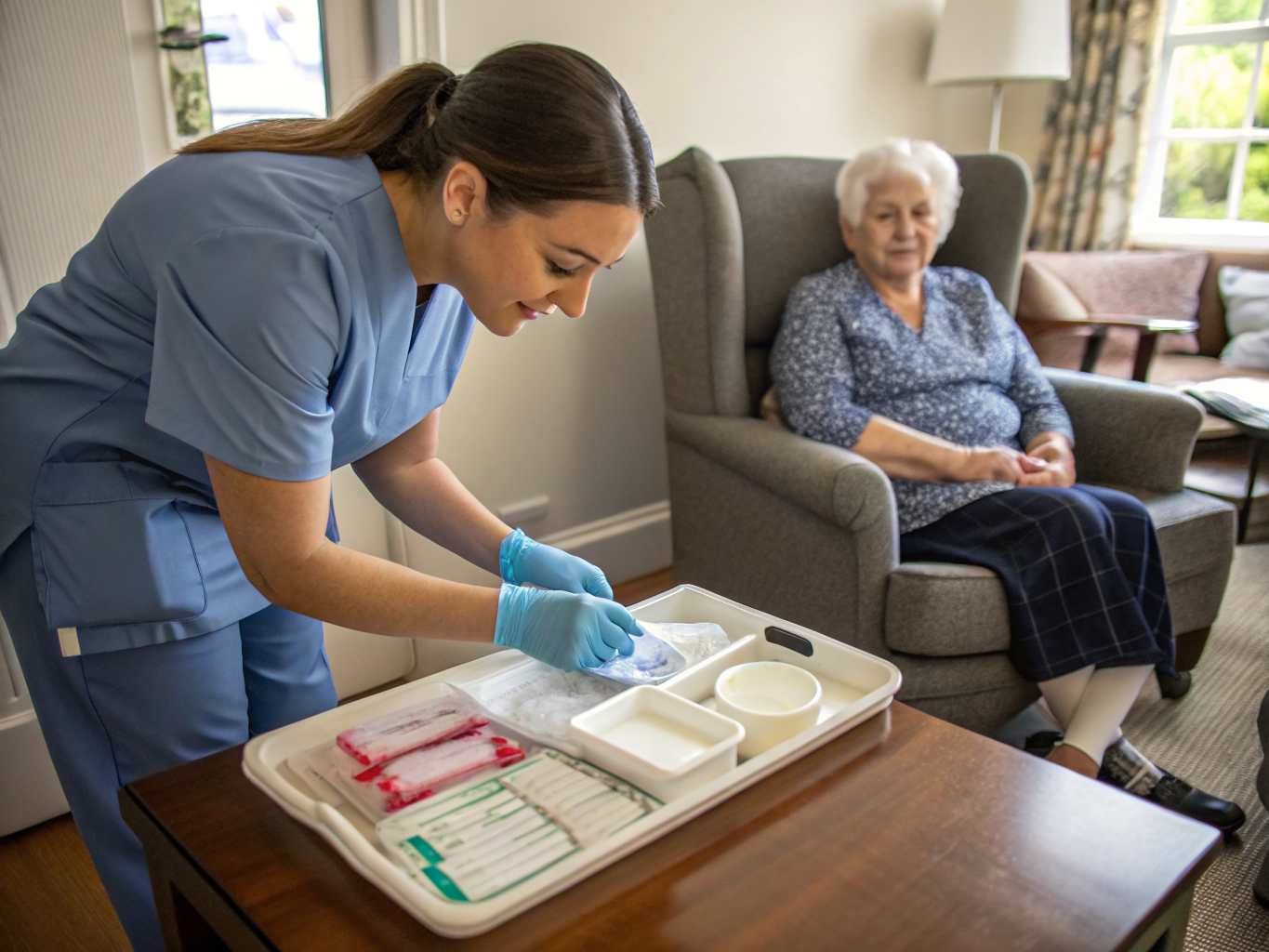 Live-in nurse aide preparing wound care supplies in Somerset County NJ — clinical-grade home care near Basking Ridge