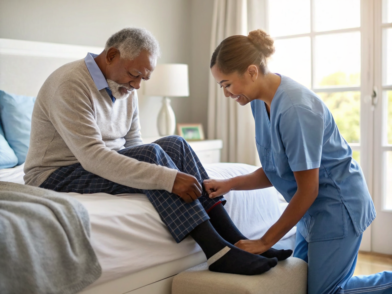 Live-in nurse aide helping senior with compression socks in Union County NJ — morning care routine near Westfield
