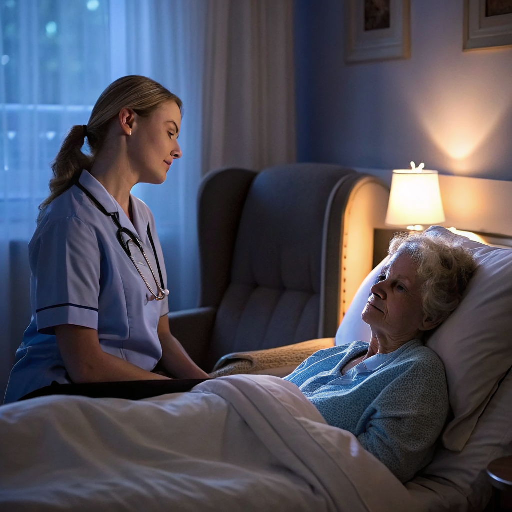 Overnight caregiver watching over sleeping elderly patient in New Jersey home