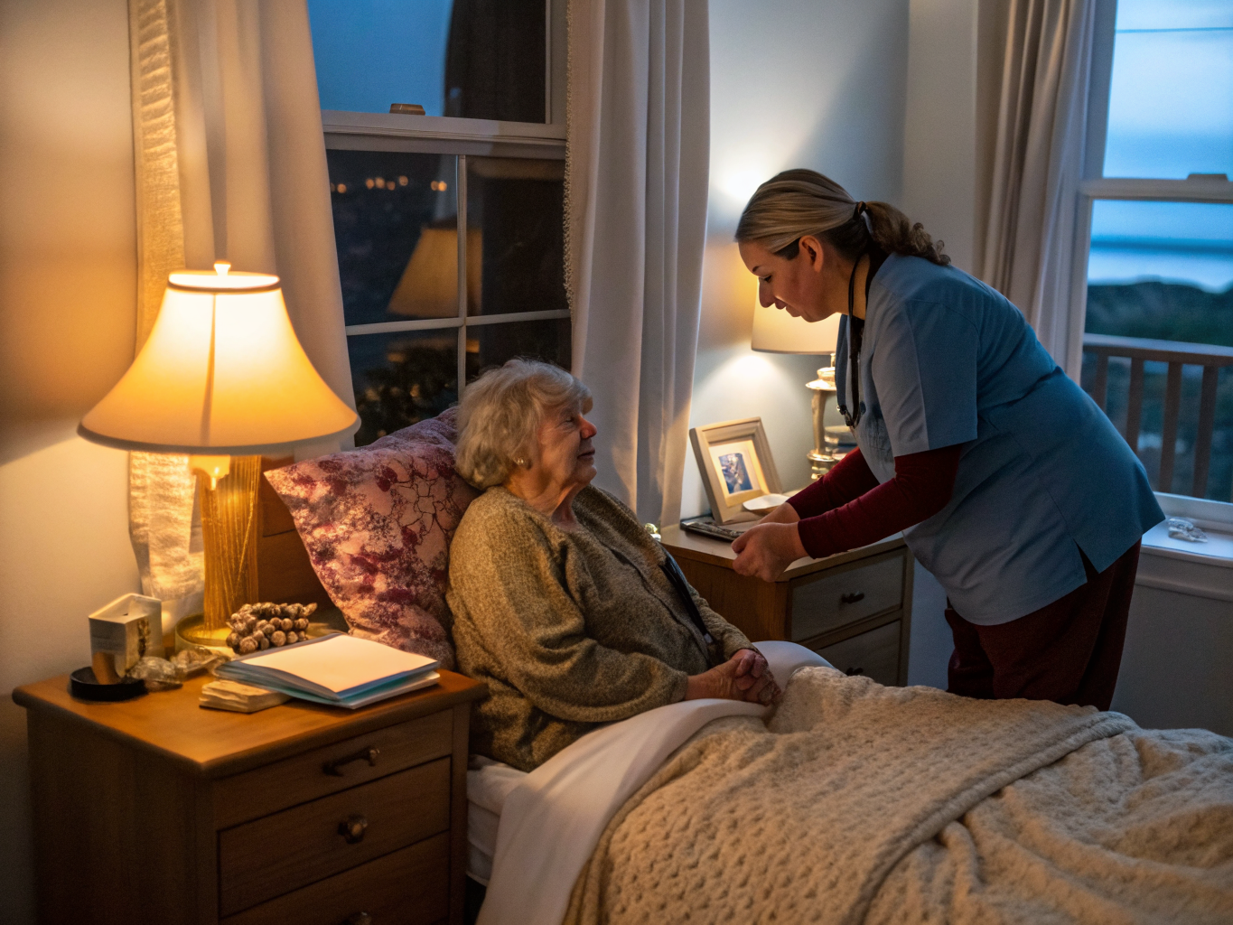 Overnight caregiver assisting a senior at home in New Jersey