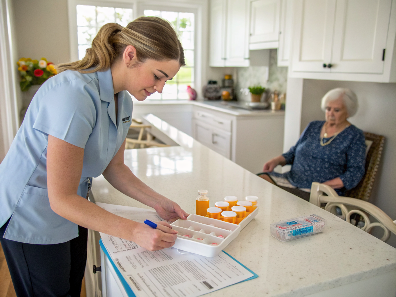 Post-hospital recovery home care in Essex County NJ — caregiver organizing discharge medications near Livingston