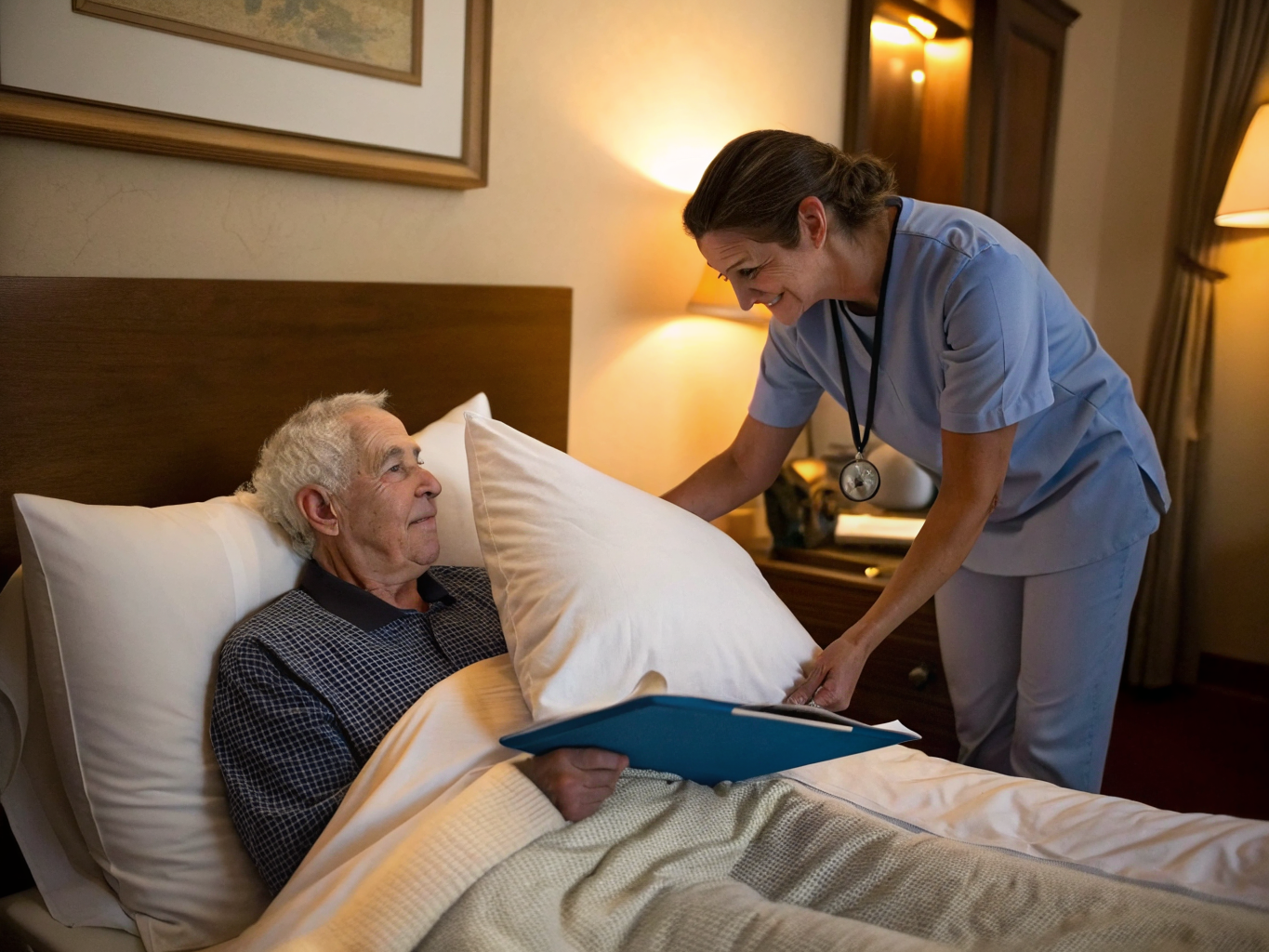 Post-hospital recovery home care in Middlesex County NJ — caregiver helping senior settle into bed after discharge near Edison