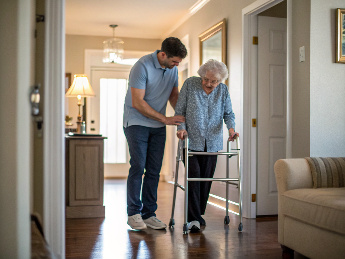 Post-hospital recovery home care in Morris County NJ — caregiver helping senior walk with new walker near Morristown