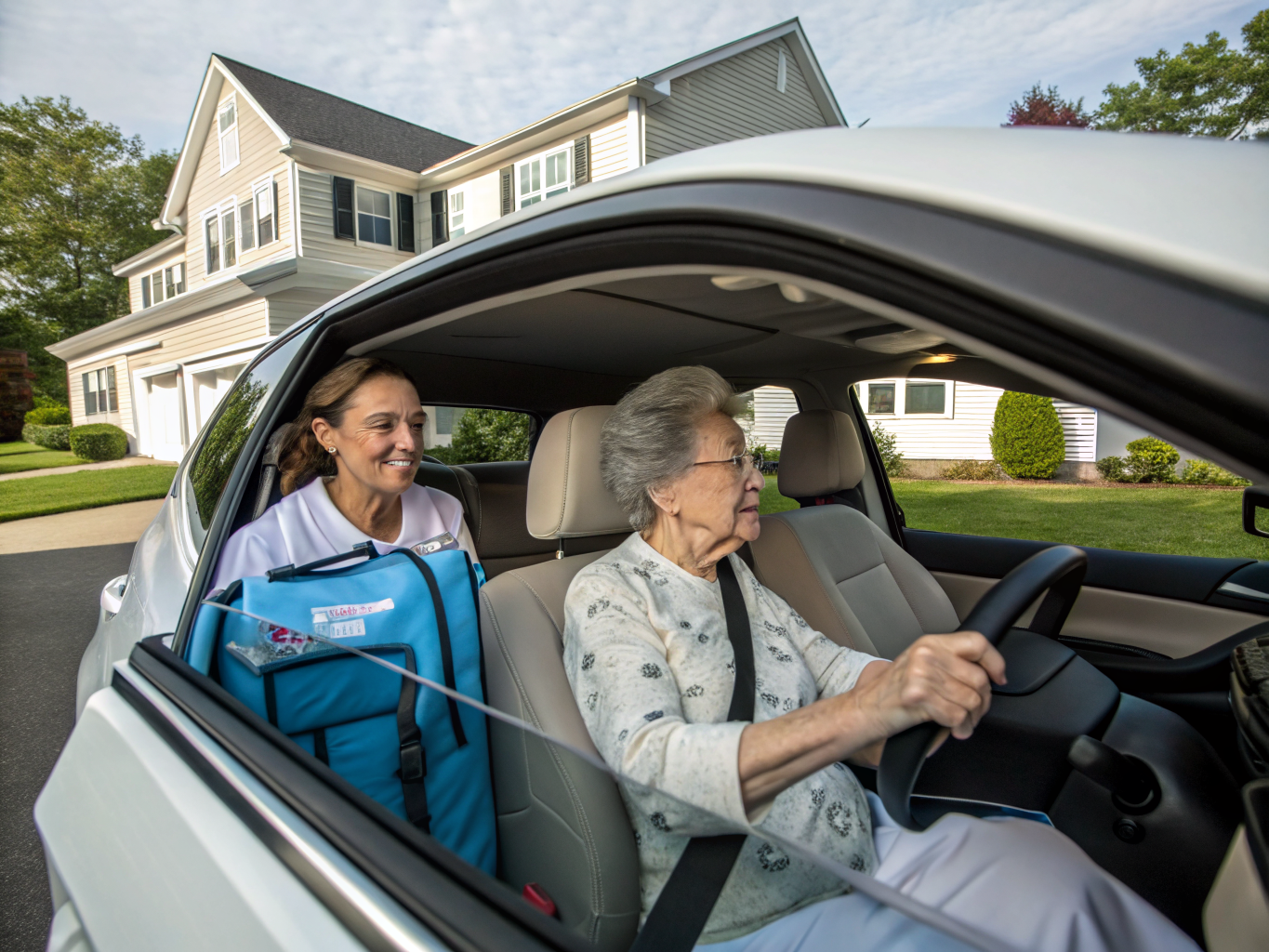 Post-hospital recovery home care in Somerset County NJ — caregiver driving senior home from hospital near Basking Ridge
