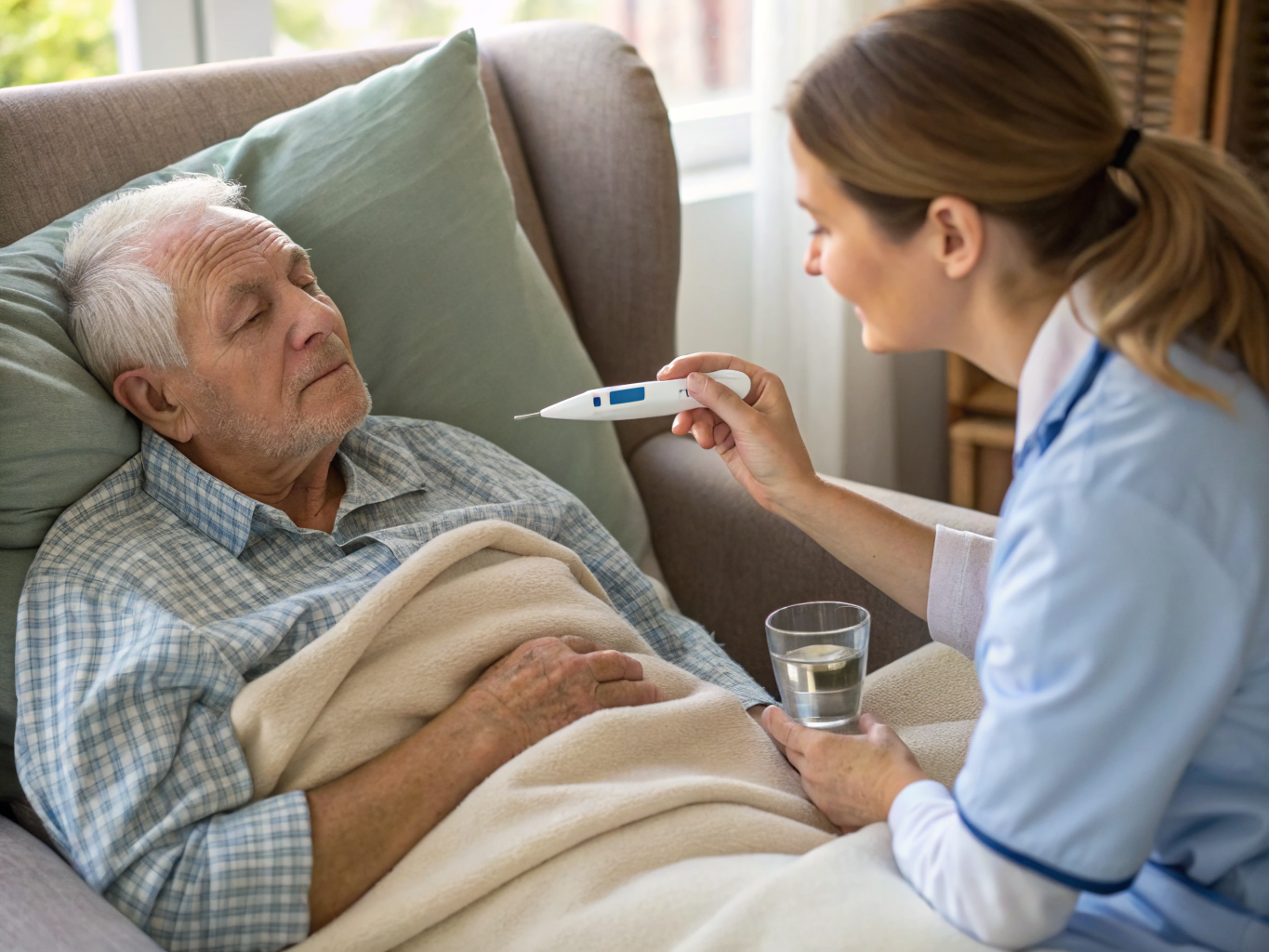 Post-hospital recovery home care in Union County NJ — caregiver monitoring temperature of senior resting at home near Westfield