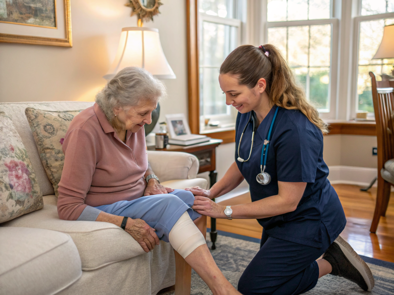 Post-Surgery Care aide assisting a senior recovering from surgery in Livingston NJ Essex County