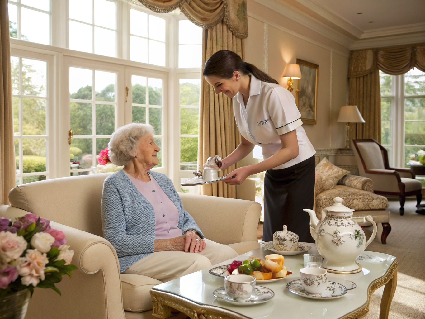 Private-pay home care in Essex County NJ — caregiver serving tea to senior in elegant Livingston area home