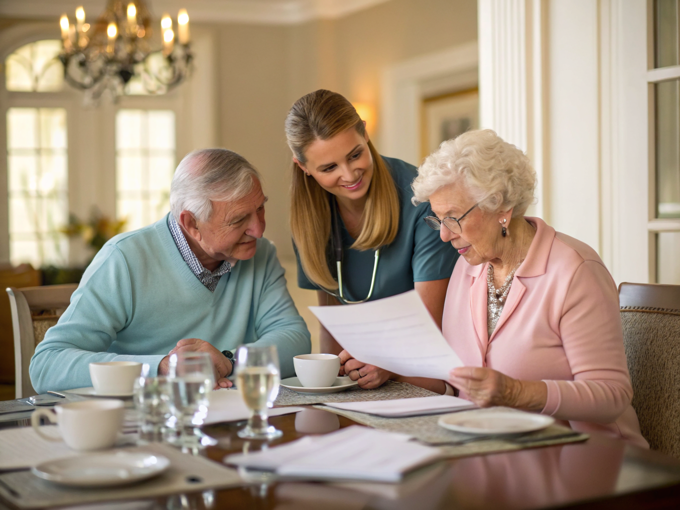 Private-pay home care in Middlesex County NJ — caregiver reviewing care plan with senior couple near Edison