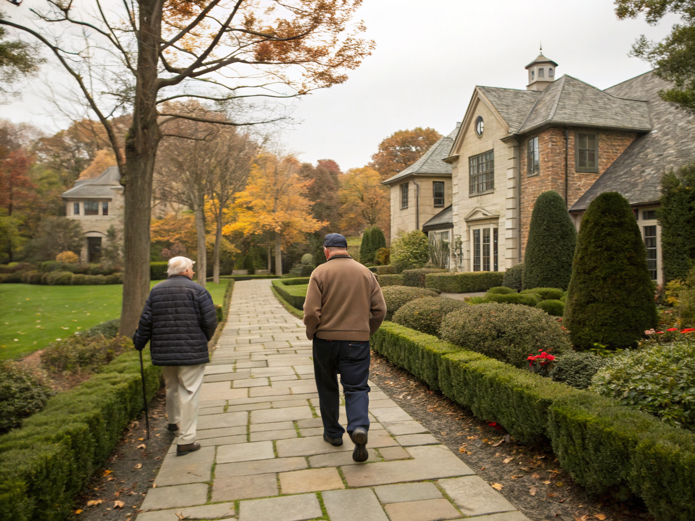 Private-pay home care in Morris County NJ — caregiver walking with senior through estate garden near Morristown