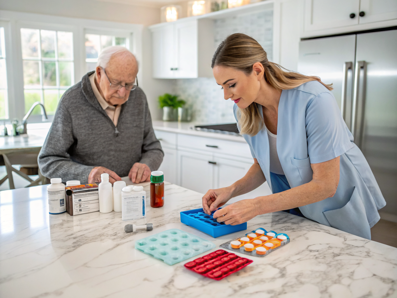 Private-pay home care in Somerset County NJ — caregiver organizing medications on marble counter near Basking Ridge