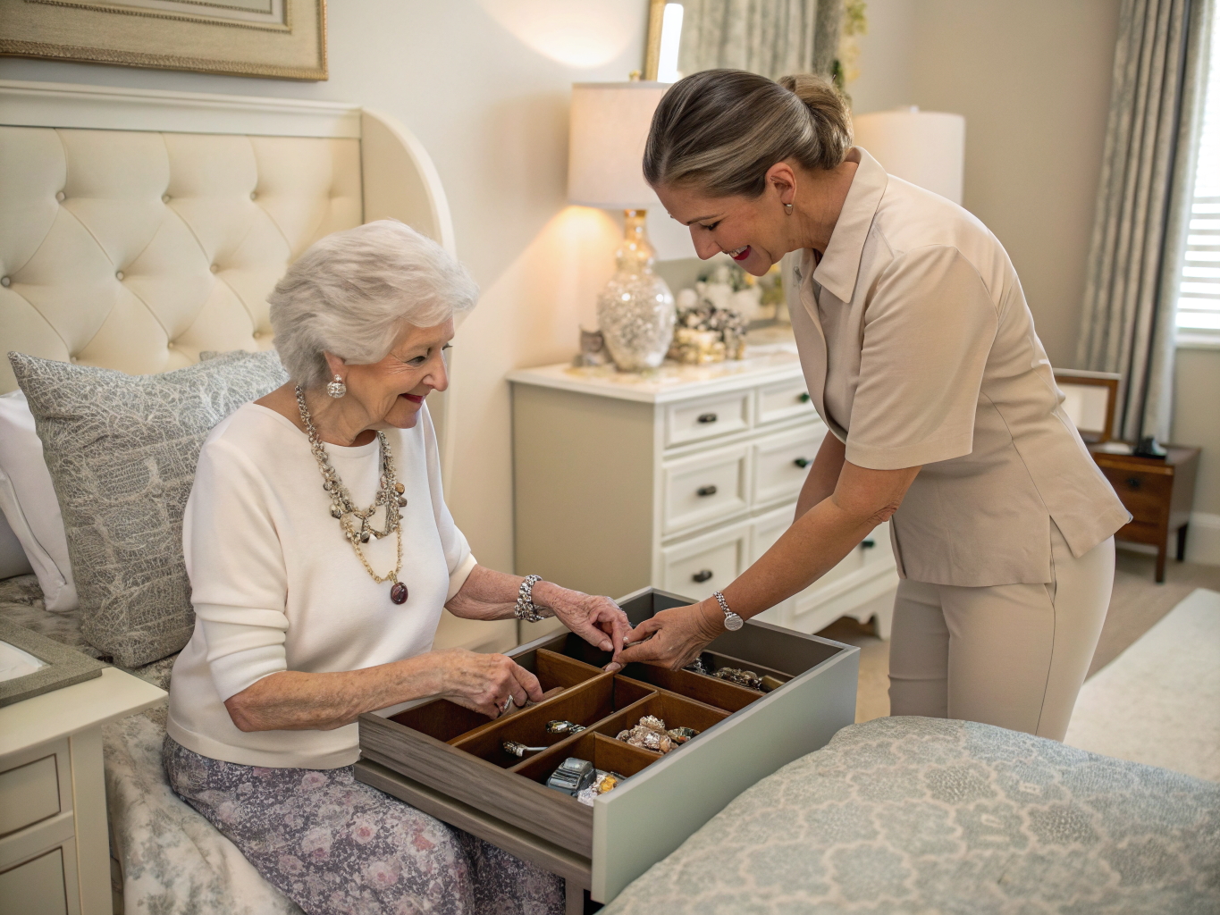 Private-pay home care in Union County NJ — caregiver helping senior choose jewelry during morning routine near Westfield