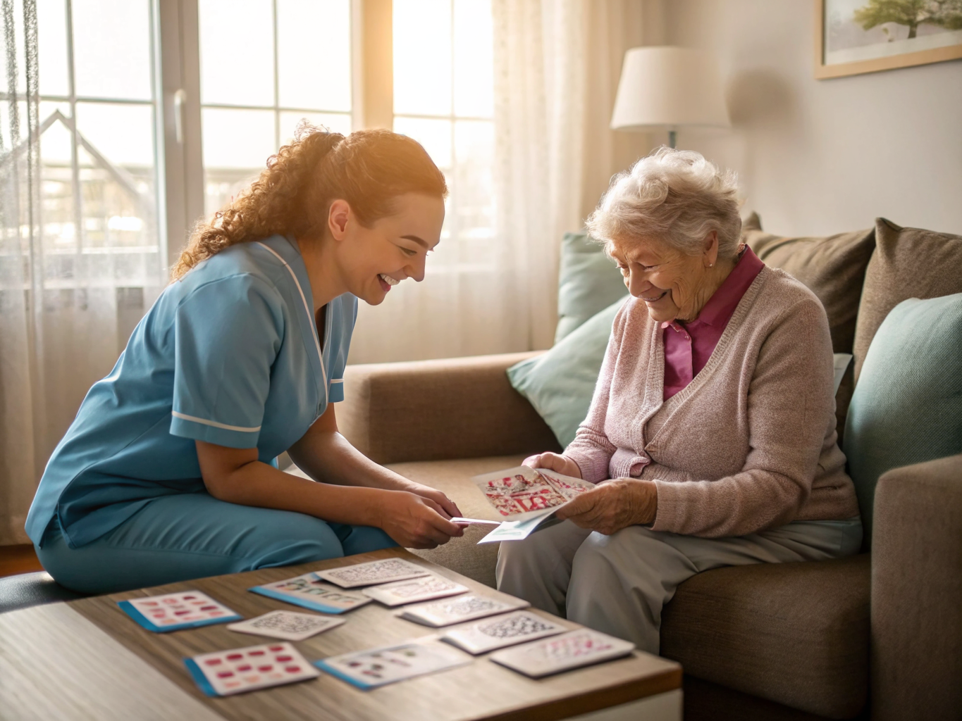 Post-stroke home care in Essex County NJ — caregiver helping with speech therapy flashcards near Livingston